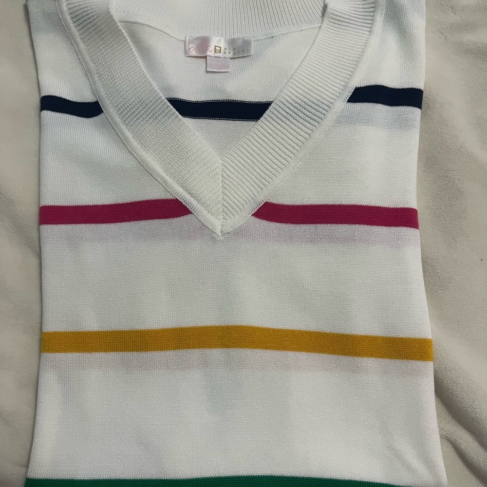 Belle by Kim Gravel White V-Neck Sweater with Red, Yellow, Green & Black Stripes